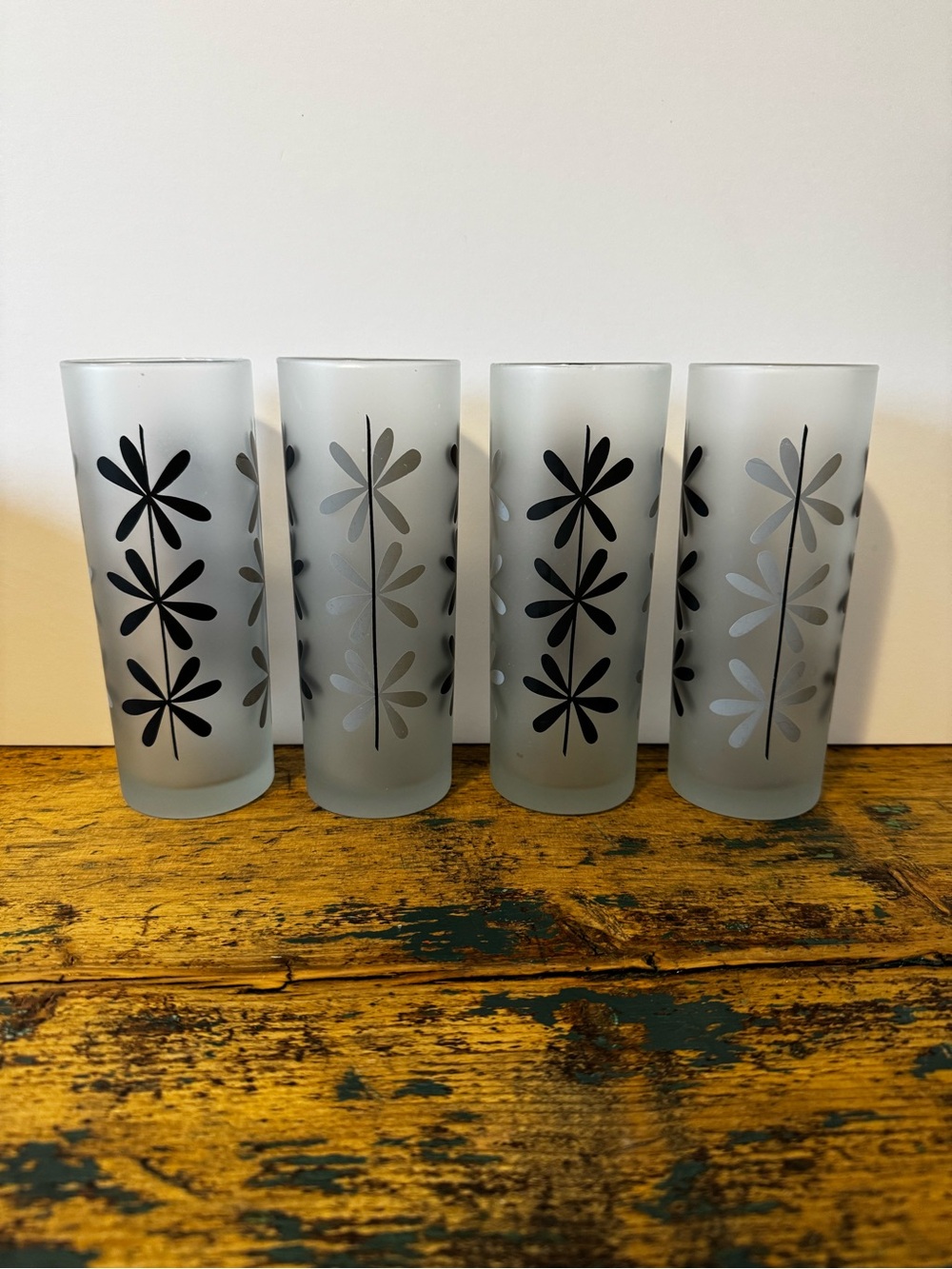 Frosted Glass Tumblers with Black and Grey Floral Design - Set of 4